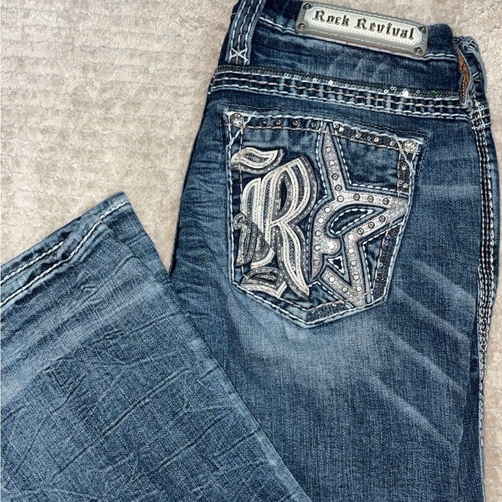 Rock Revival Blue Boot Cut Jeans with Decorative Embroidery